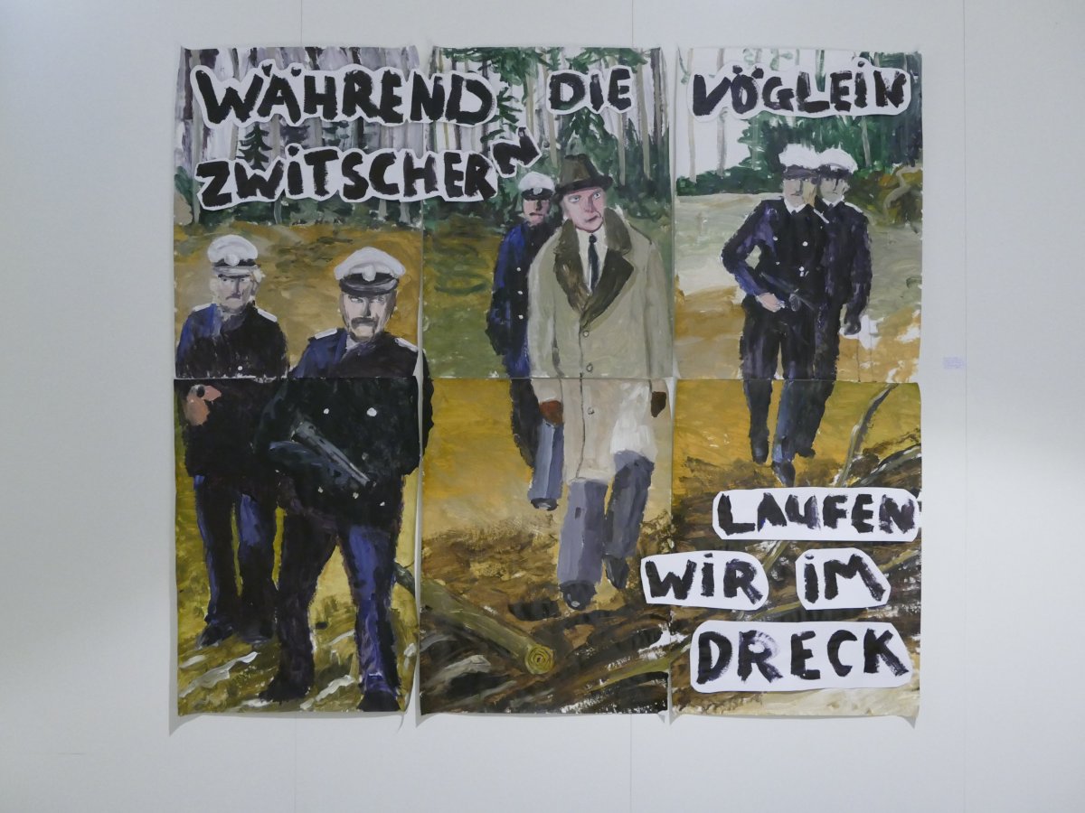 Lucius Pax : Keile Contemporary : Installation 2019 2 : acrylic on paper : 225 x 200 cm : Title : Während die Vöglein zwitschern  laufen wir im Dreck