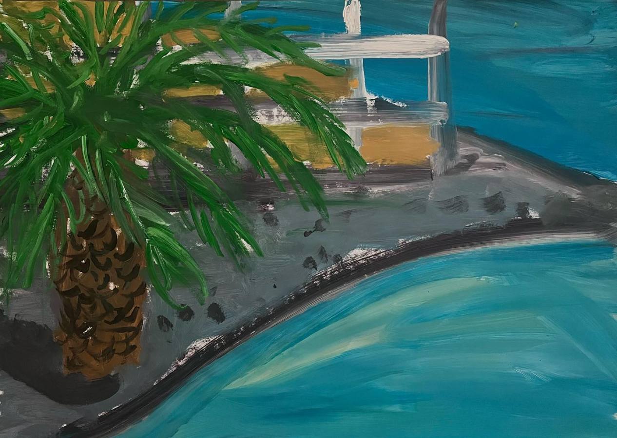 Lucius Pax : 2022 68 : acrylic on paper : 105 x 75 cm : The adventurous floating palm tree