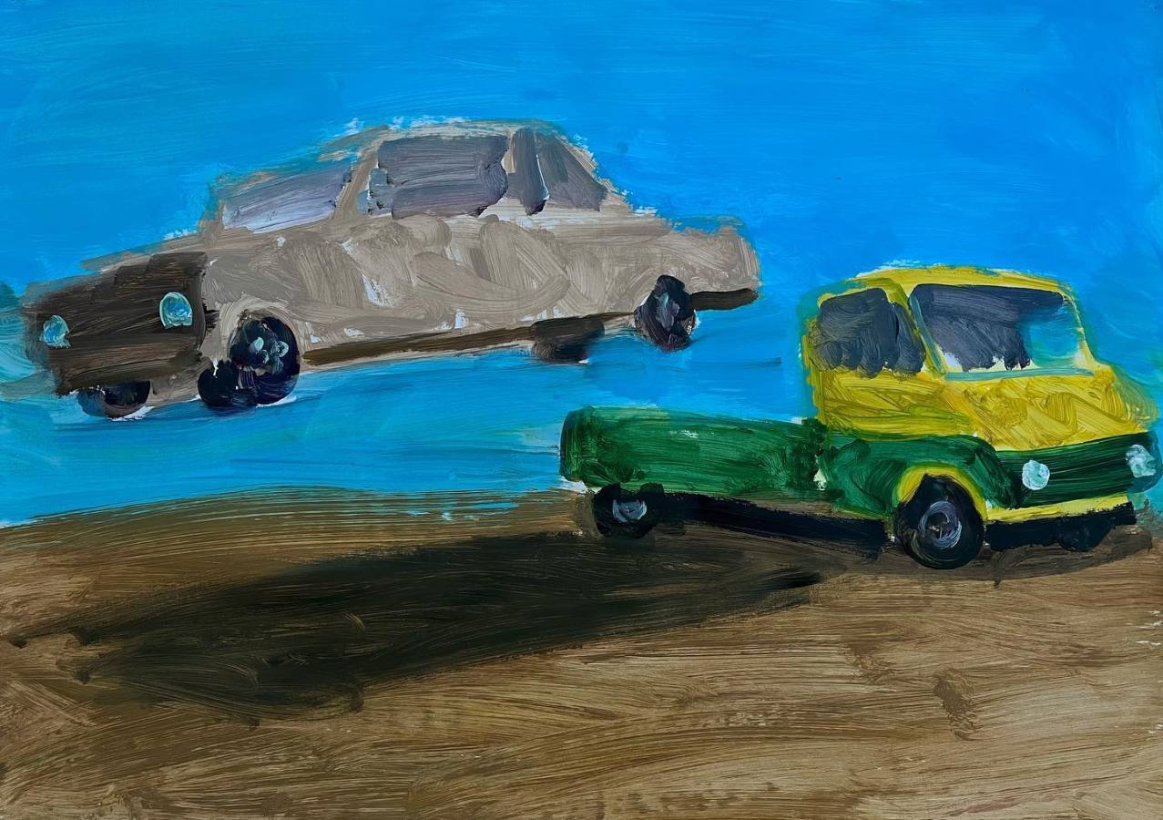 Lucius Pax : 2022 70 : acrylic on paper : 105 x 75 cm : The Flying Stunt Car