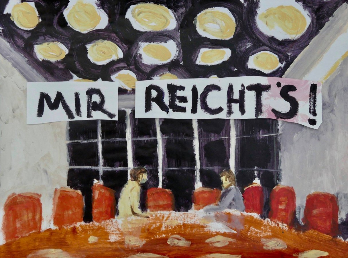 Lucius Pax : Small Painting 2018 21 : Artificial Life 84 : acrylic and paper on paper : 100 x 75 cm : title : Mir reicht's!