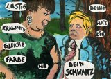 Lustig, deine Krawatte hat die gleiche Farbe wie dein Schwanz : Lucius Pax : 2023 94 : acrylic and paper on paper : 105 x 75 cm