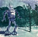 Remarkably cautiously, the type D1K robot (popularly known as "Dick") moved forward : Lucius Pax : 2025 73 : acrylic on paper (acid free) : 71 x 70,4 cm