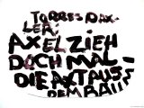 Lucius Pax : Small Painting 2014 6 : Torres Daxler 81 : acrylic on paper : 34,3 x 22,4 cm : title : Torres Daxler: “Axel zieh doch mal die Axt aus dem Baum!”